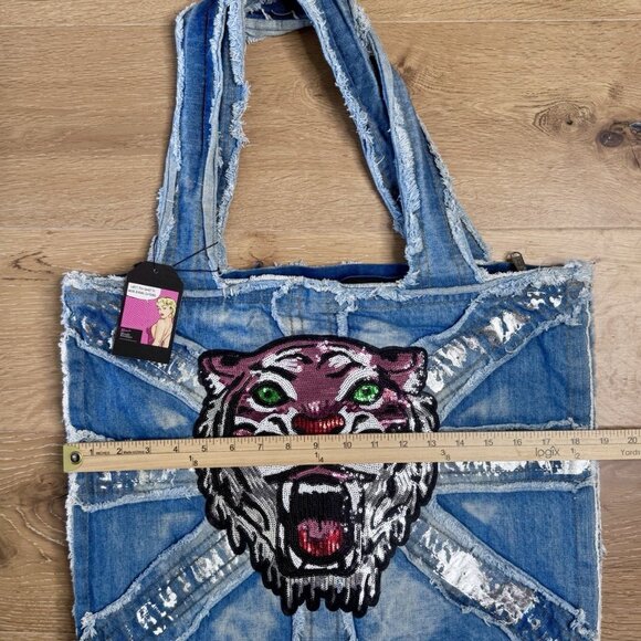 Denim Tote Shoulder Bag reworked with Sequin Pink Tiger Patch 12x19” - Picture 6 of 7